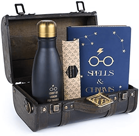 harry potter premium gift set with insulated metal bottle in wooden trunk